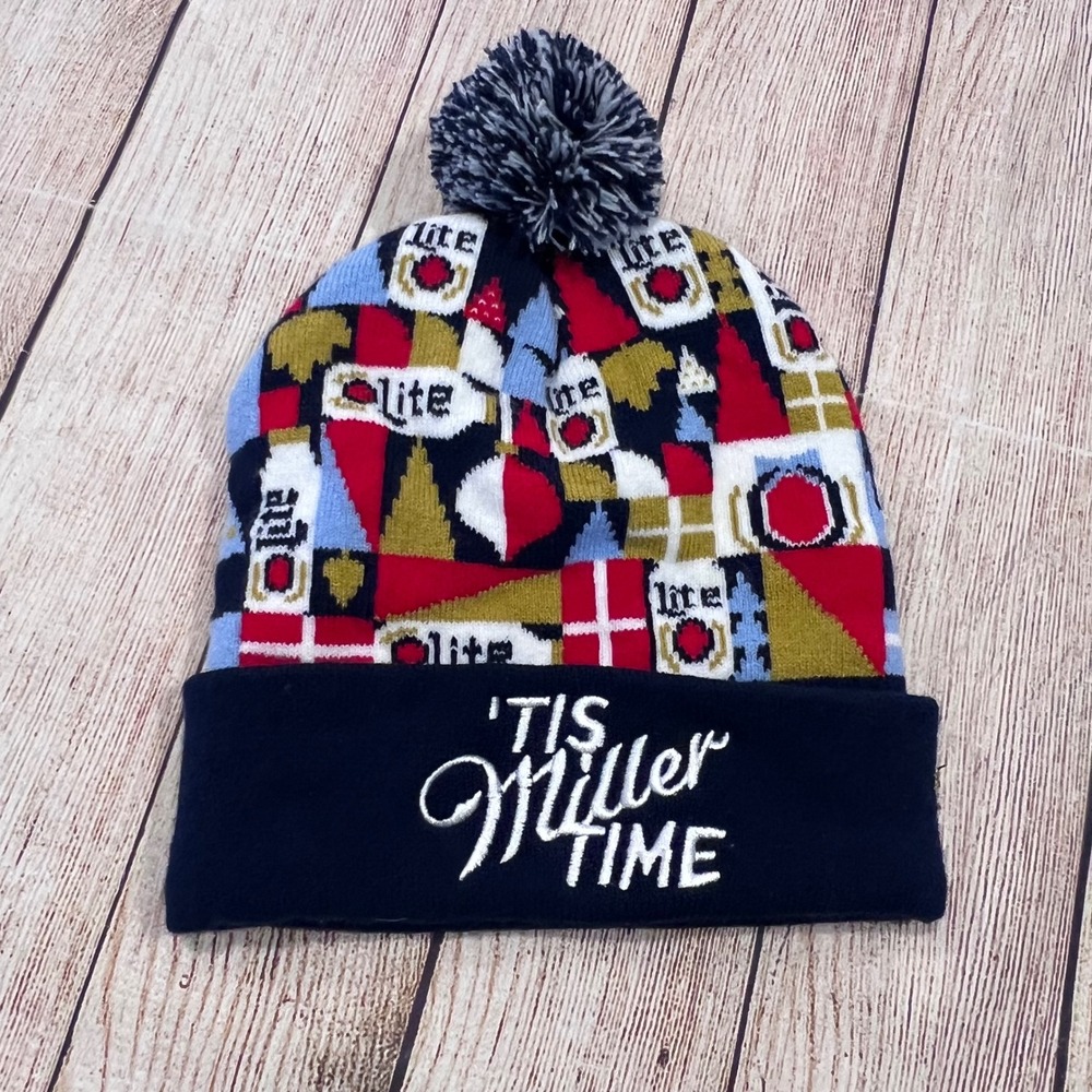 Miller Lite Beer Beanie Hat Tis Miller Time Pom Knit‎ Navy Blue Festive